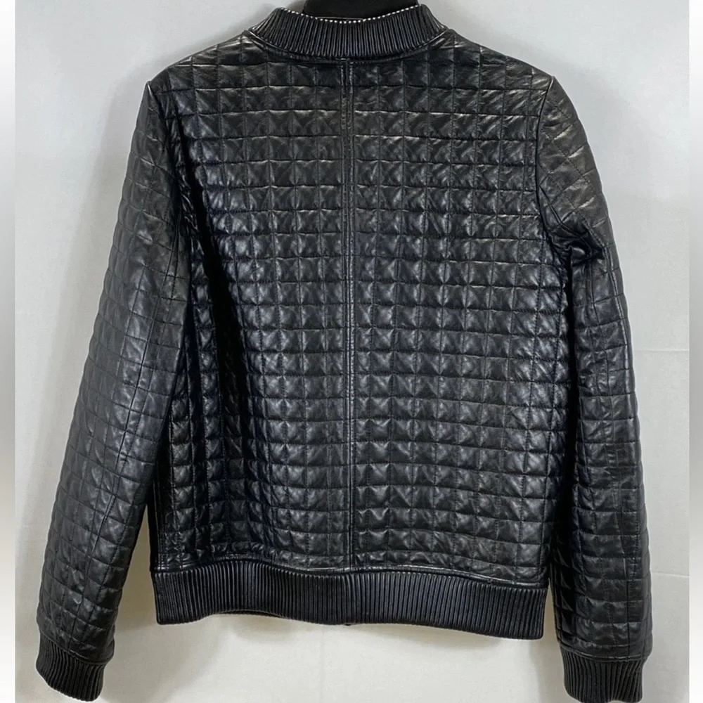 Jonathan Simkhai Black Cubed Lambskin Leather Bomber Jacket - Picture 2 of 3